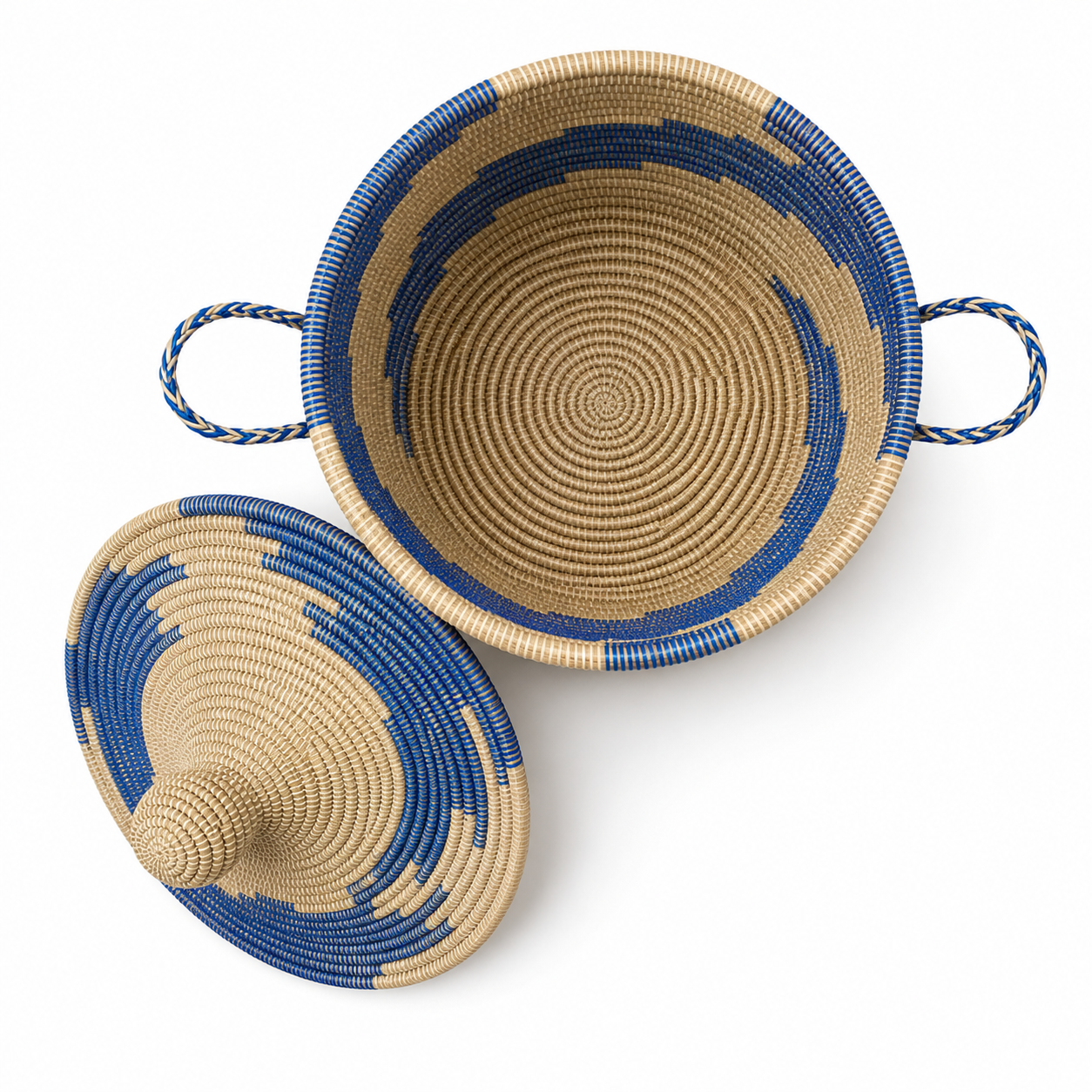 Blue Waves Handwoven Lidded Basket | Artisan Made in Senegal