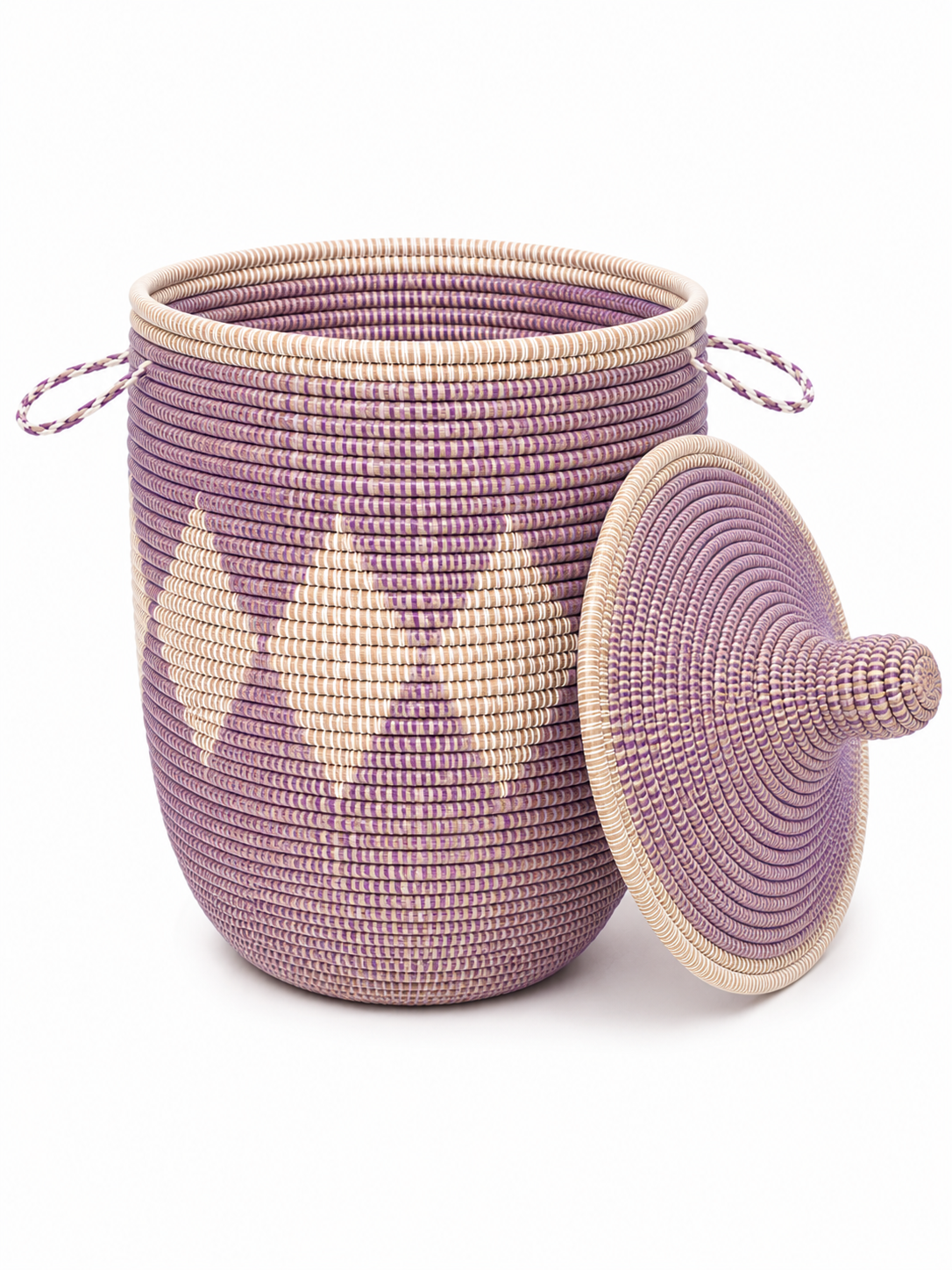 The Zayna Handwoven Basket | Purple & Natural Lidded Storage Basket — Made in Senegal