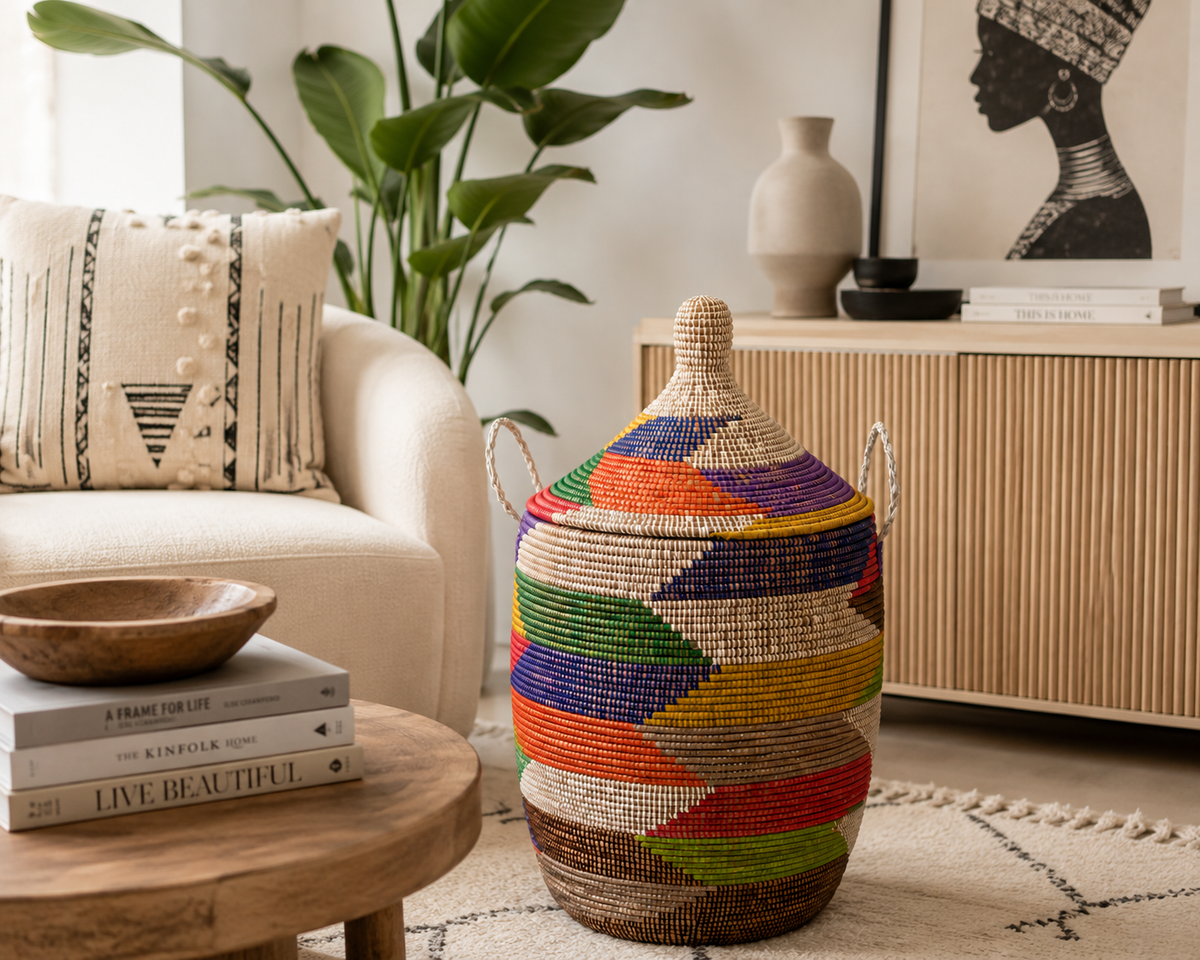 The Kaleidoscope Handwoven Basket | Multicolor Lidded Storage Basket — Made in Senegal