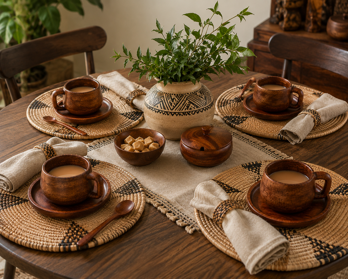 Handcrafted Mahogany Wood Cup & Saucer Set