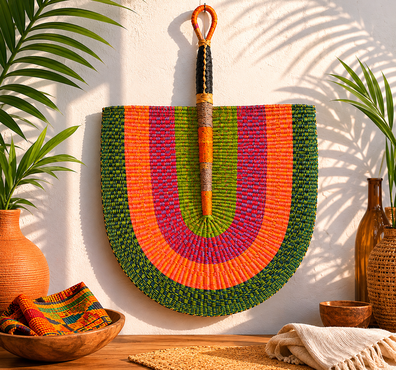 Handwoven Ghanaian Wall Fan – Sunset Kente