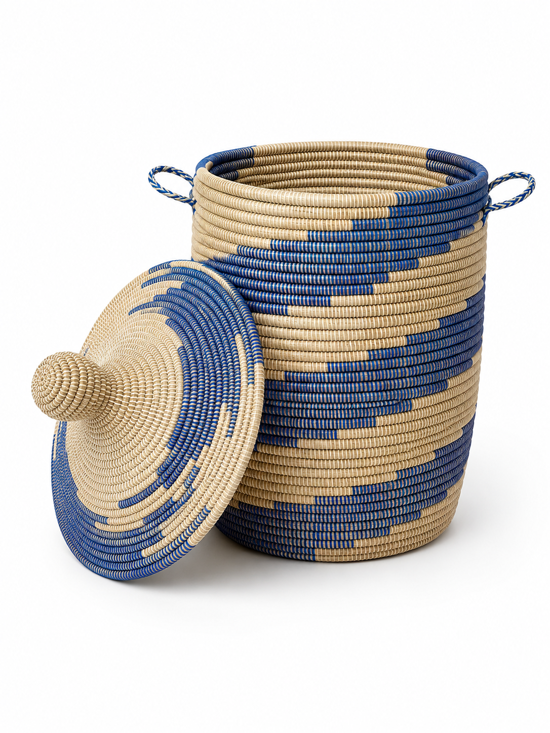 Blue Waves Handwoven Lidded Basket | Artisan Made in Senegal