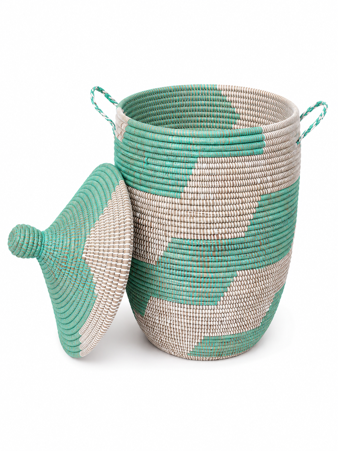 The Saly Handwoven Basket | Aqua & Natural Lidded Storage Basket | Made in Senegal