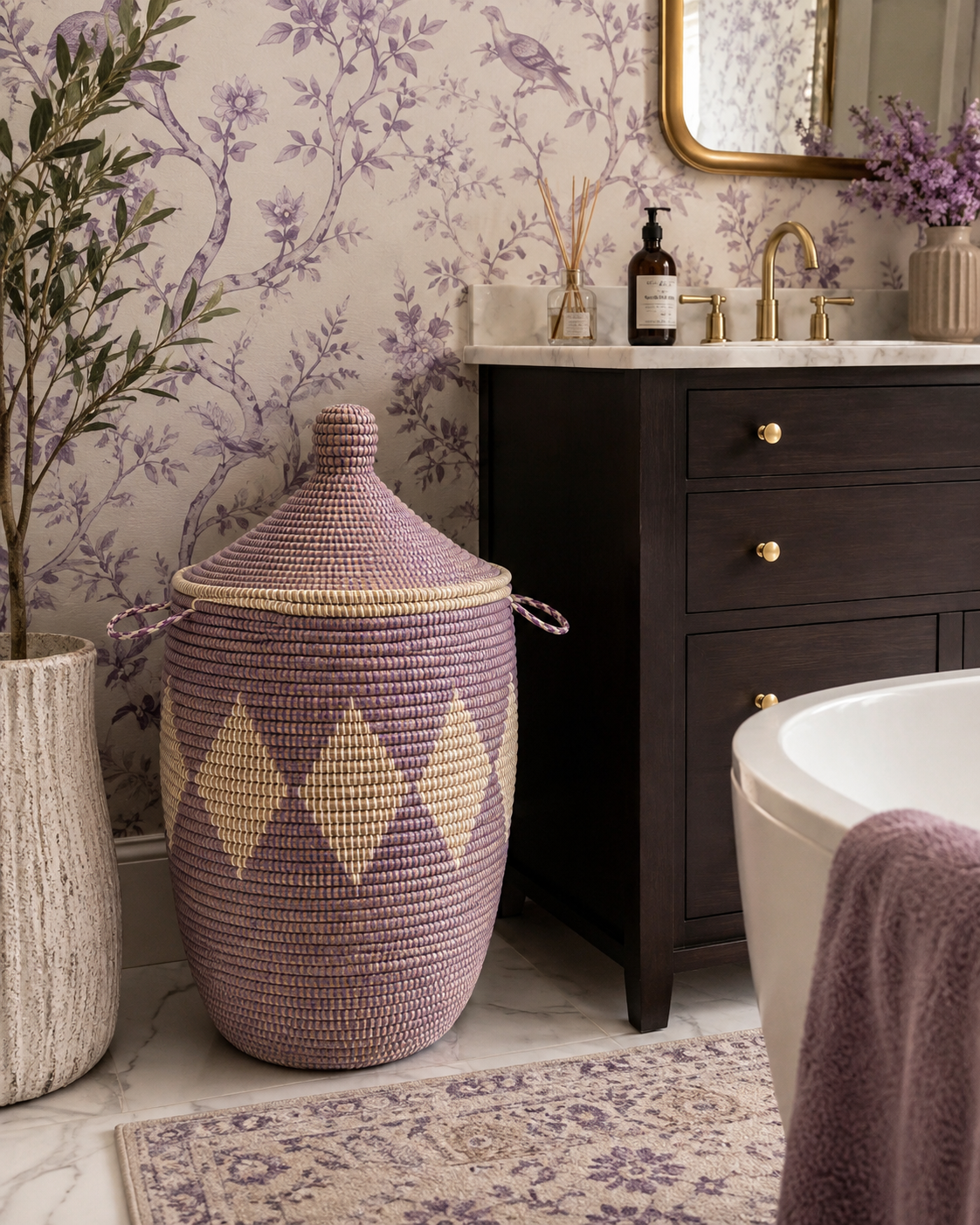 The Zayna Handwoven Basket | Purple & Natural Lidded Storage Basket — Made in Senegal