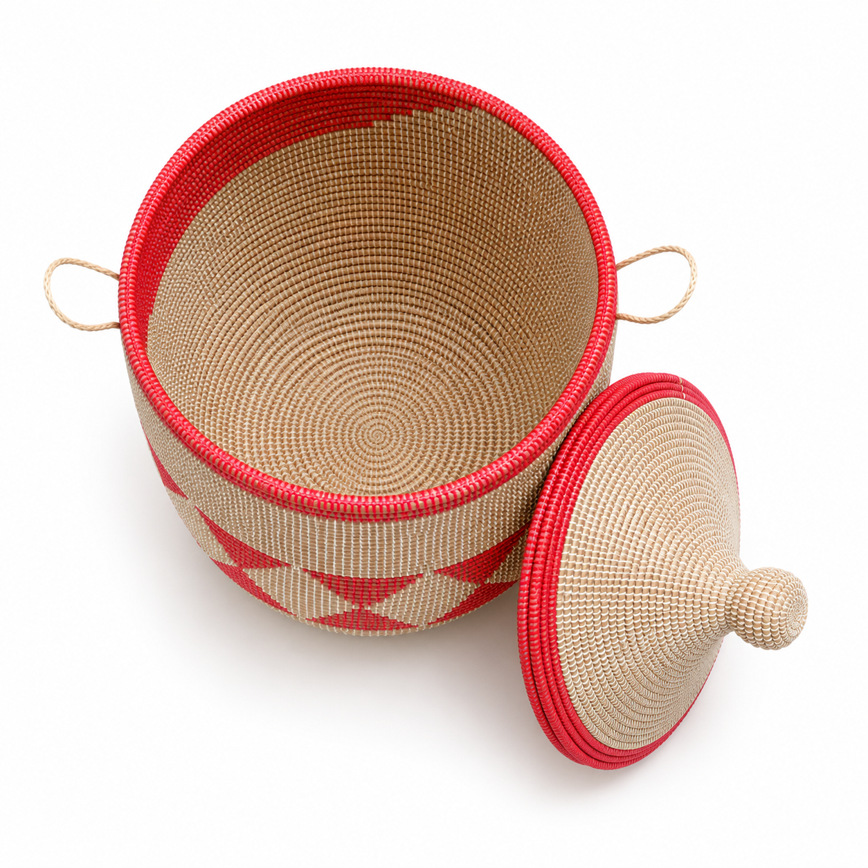 The Nia Handwoven Basket | Natural &amp; Red Lidded Storage Basket — Made in Senegal