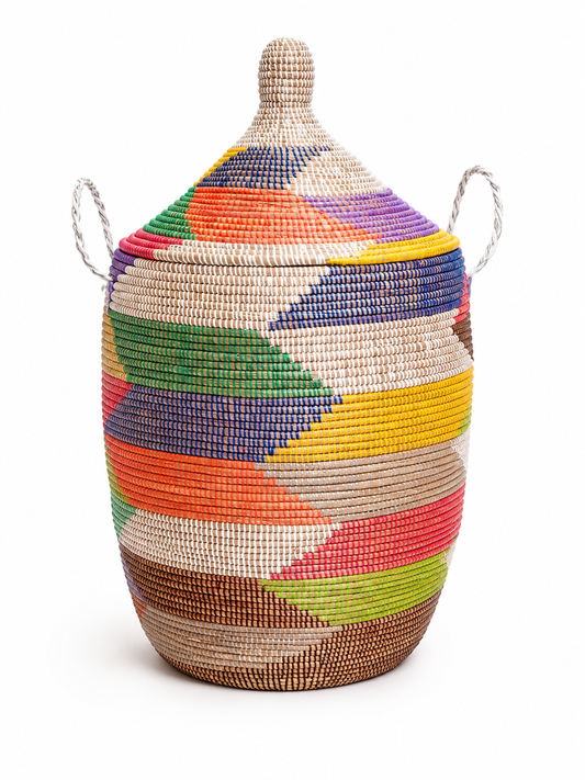 The Kaleidoscope Handwoven Basket | Multicolor Lidded Storage Basket — Made in Senegal
