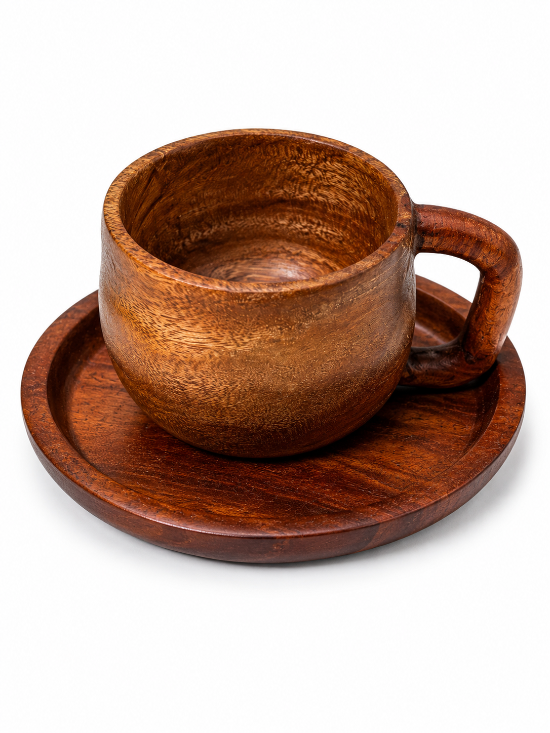 Handcrafted Mahogany Wood Cup & Saucer Set