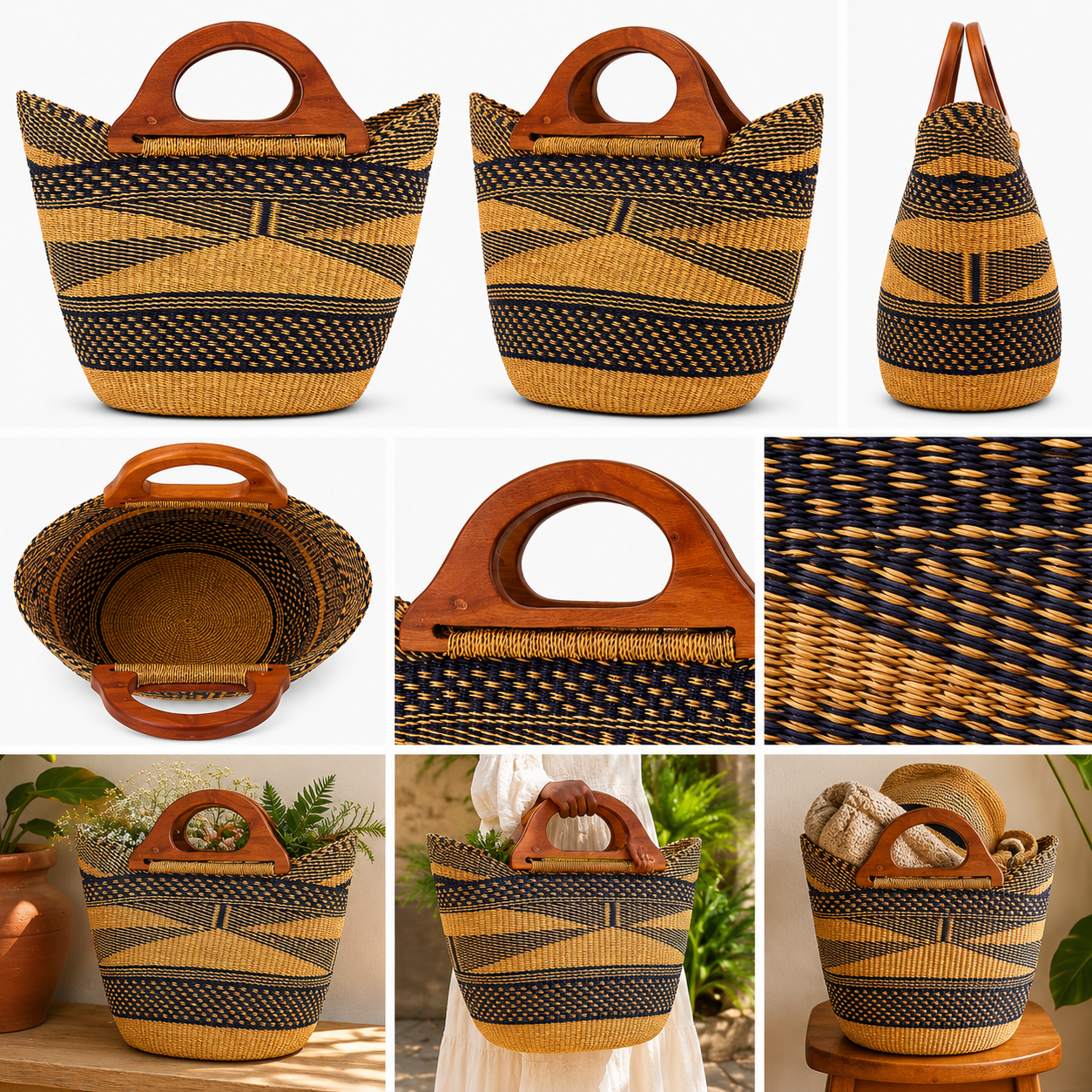 Midnight Sands Tote | Handwoven Ghanaian Market Basket