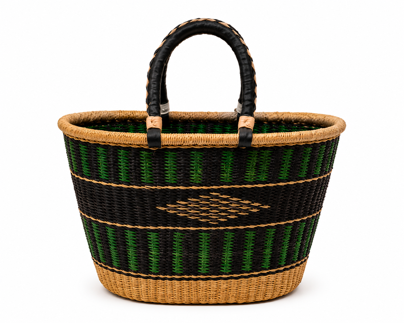Emerald Heritage Market Tote | Handwoven Ghanaian Basket Bag