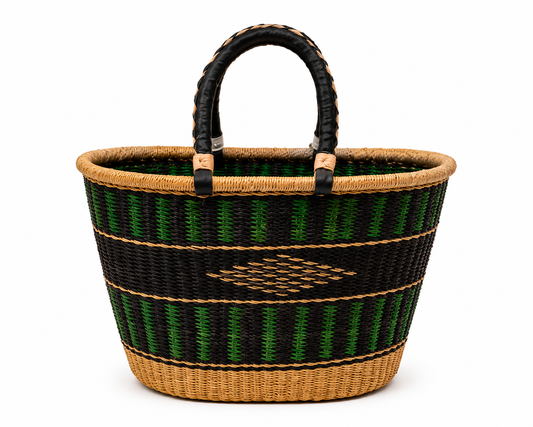 Emerald Heritage Market Tote | Handwoven Ghanaian Basket Bag