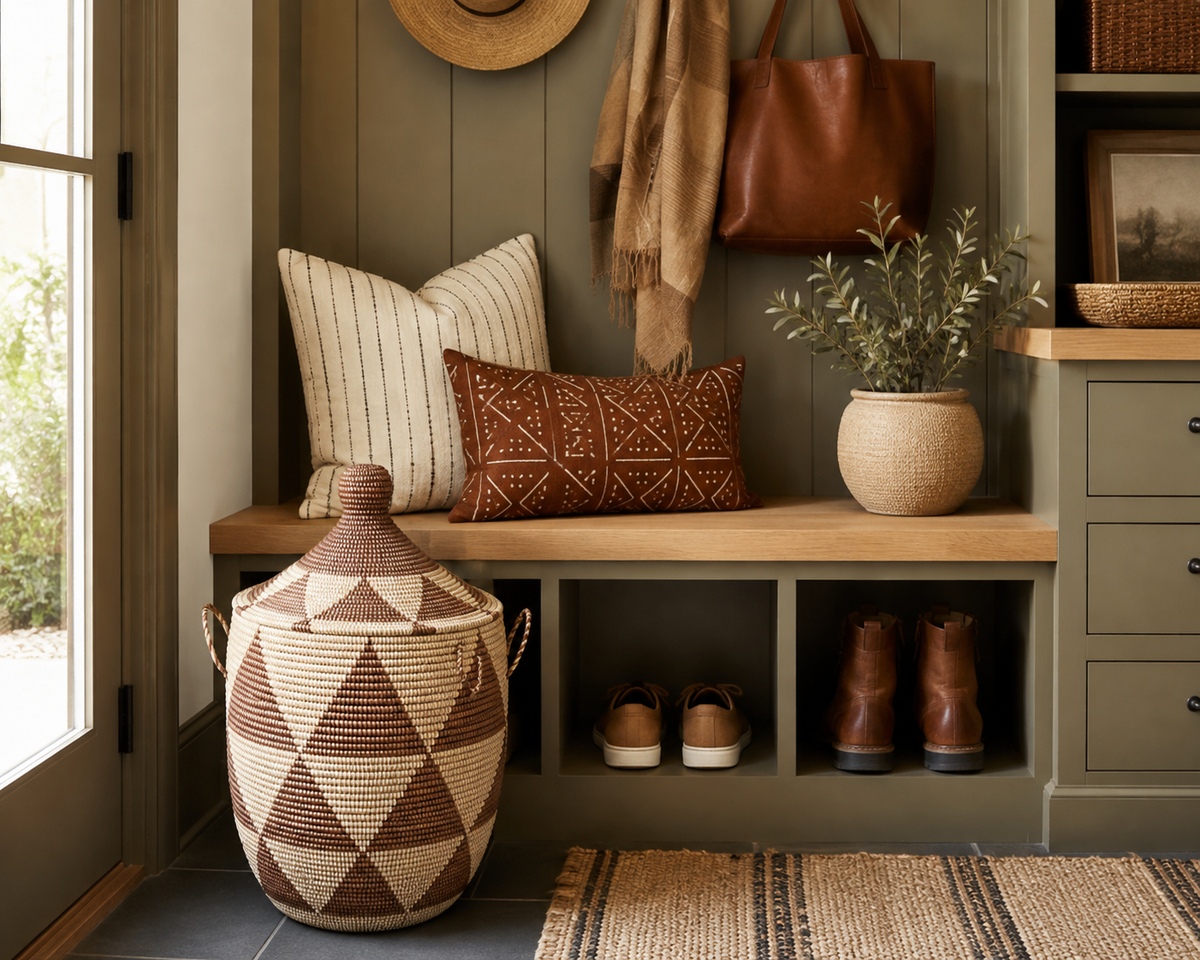 The Zuri Handwoven Storage Basket | Natural & Cocoa Geometric Lidded Basket — Made in Senegal