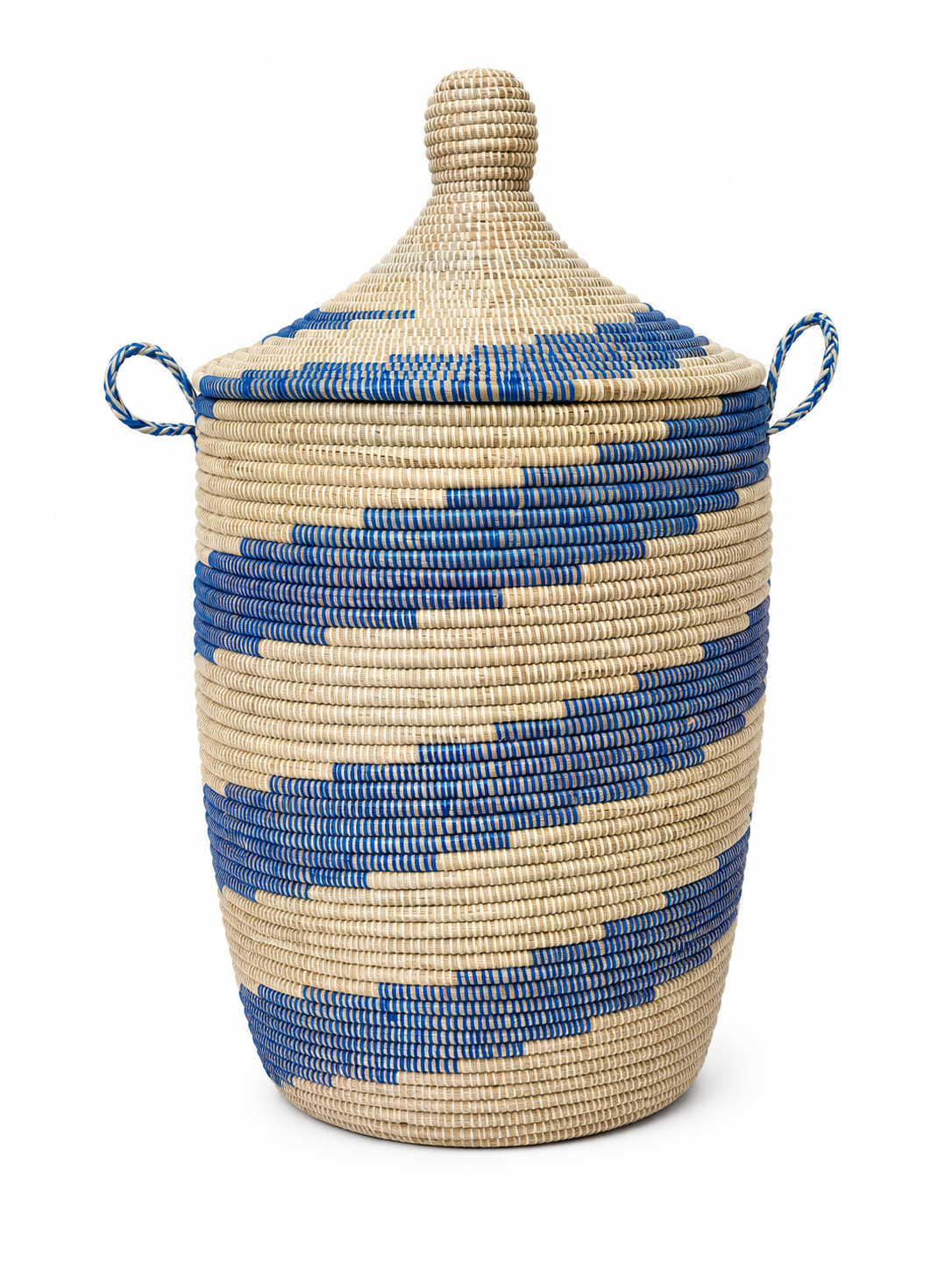 Blue Waves Handwoven Lidded Basket | Artisan Made in Senegal