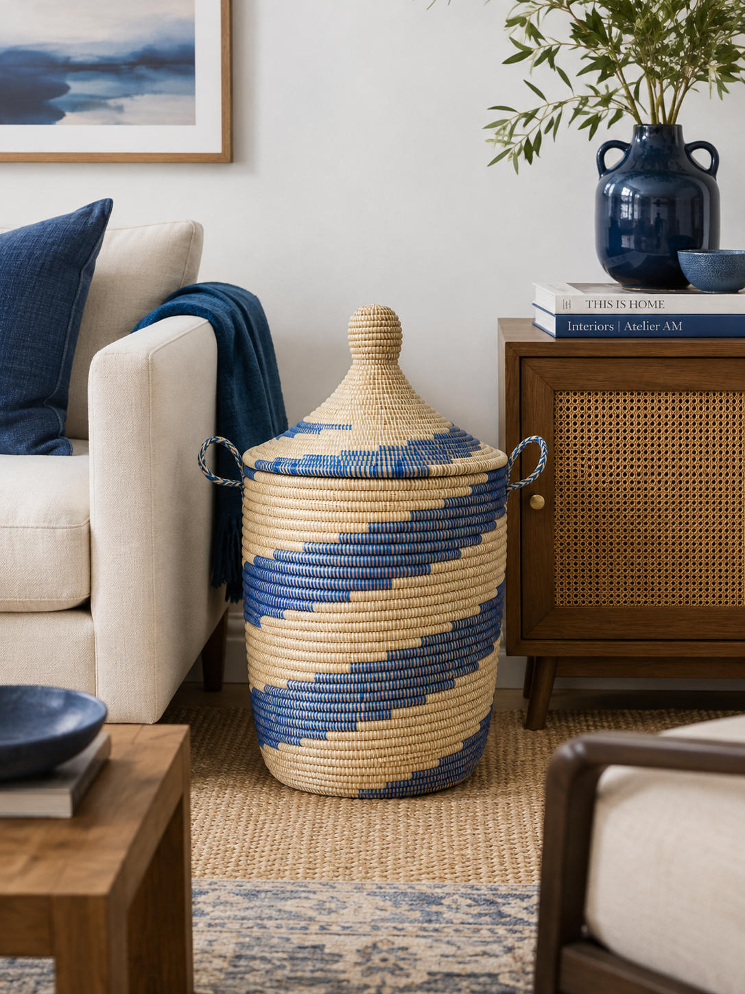 Blue Waves Handwoven Lidded Basket | Artisan Made in Senegal