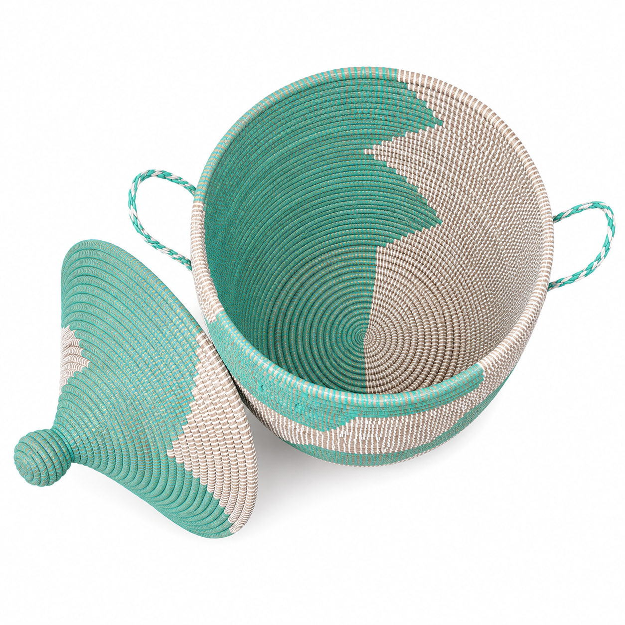 The Saly Handwoven Basket | Aqua & Natural Lidded Storage Basket | Made in Senegal