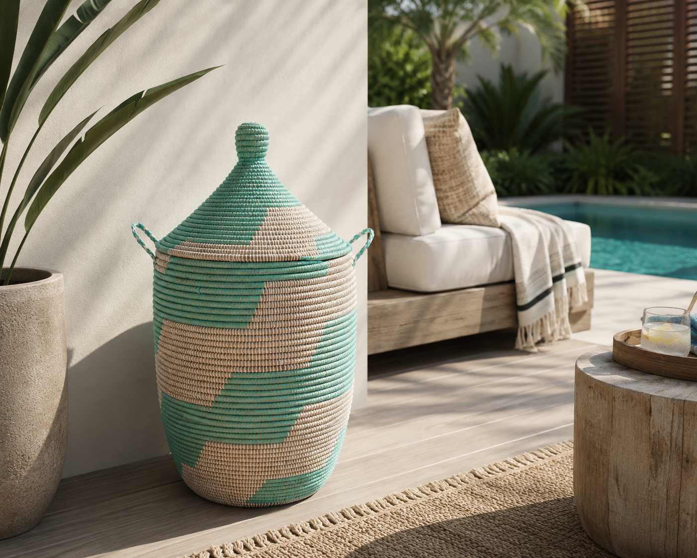 The Saly Handwoven Basket | Aqua & Natural Lidded Storage Basket | Made in Senegal