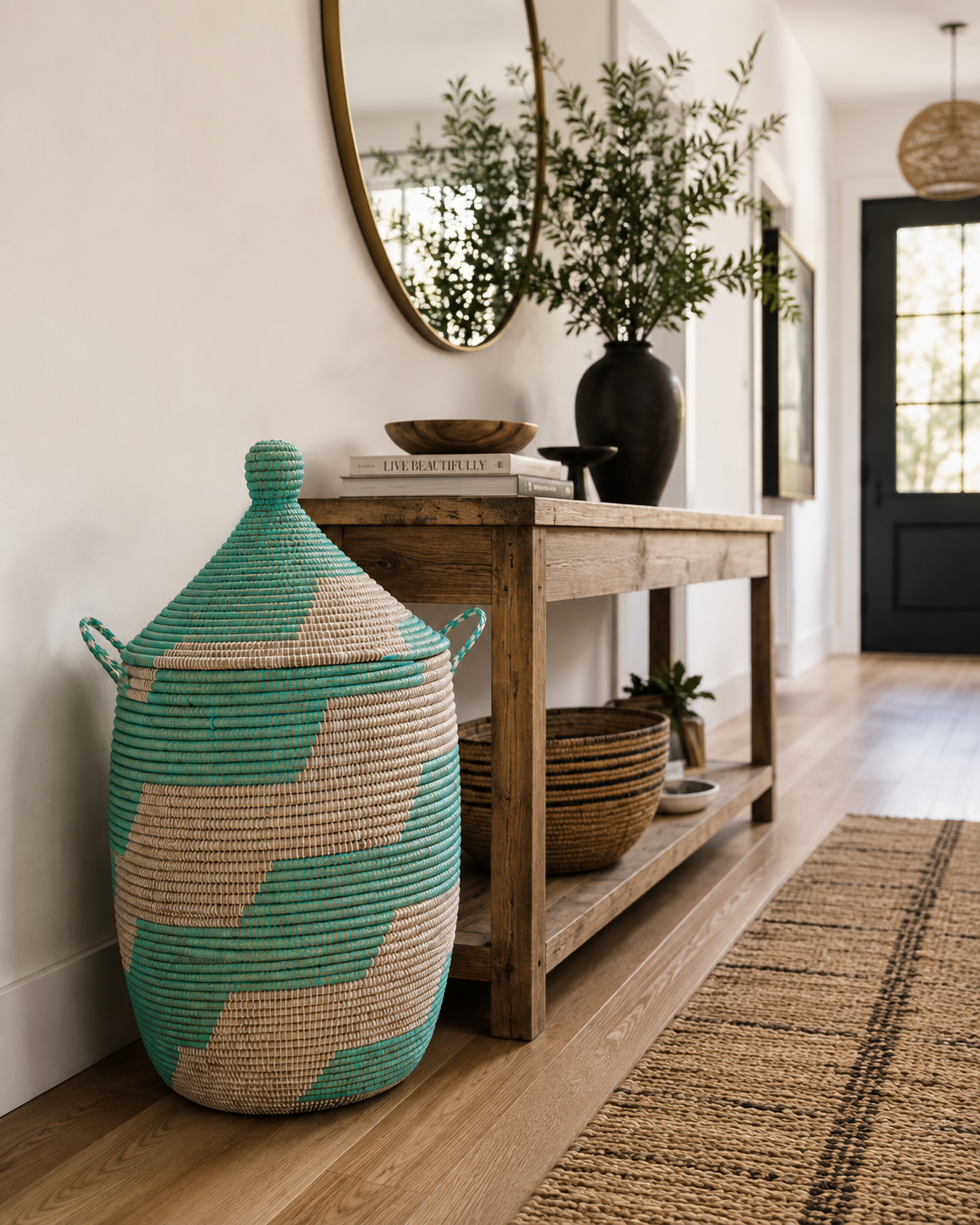 The Saly Handwoven Basket | Aqua & Natural Lidded Storage Basket | Made in Senegal