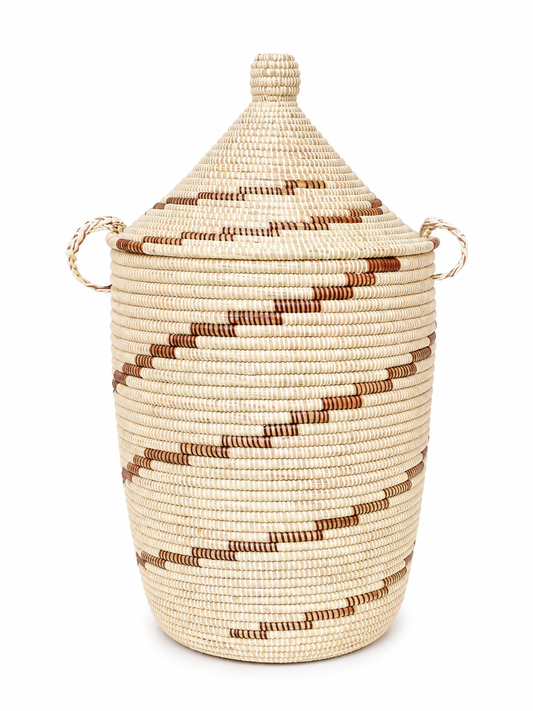 The Sira Handwoven Basket | Natural &amp; Brown Lidded Storage Basket — Made in Senegal