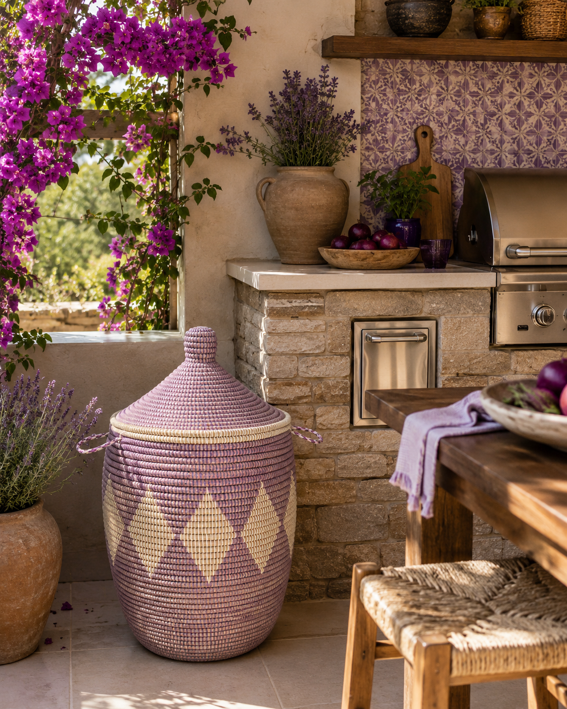 The Zayna Handwoven Basket | Purple & Natural Lidded Storage Basket — Made in Senegal