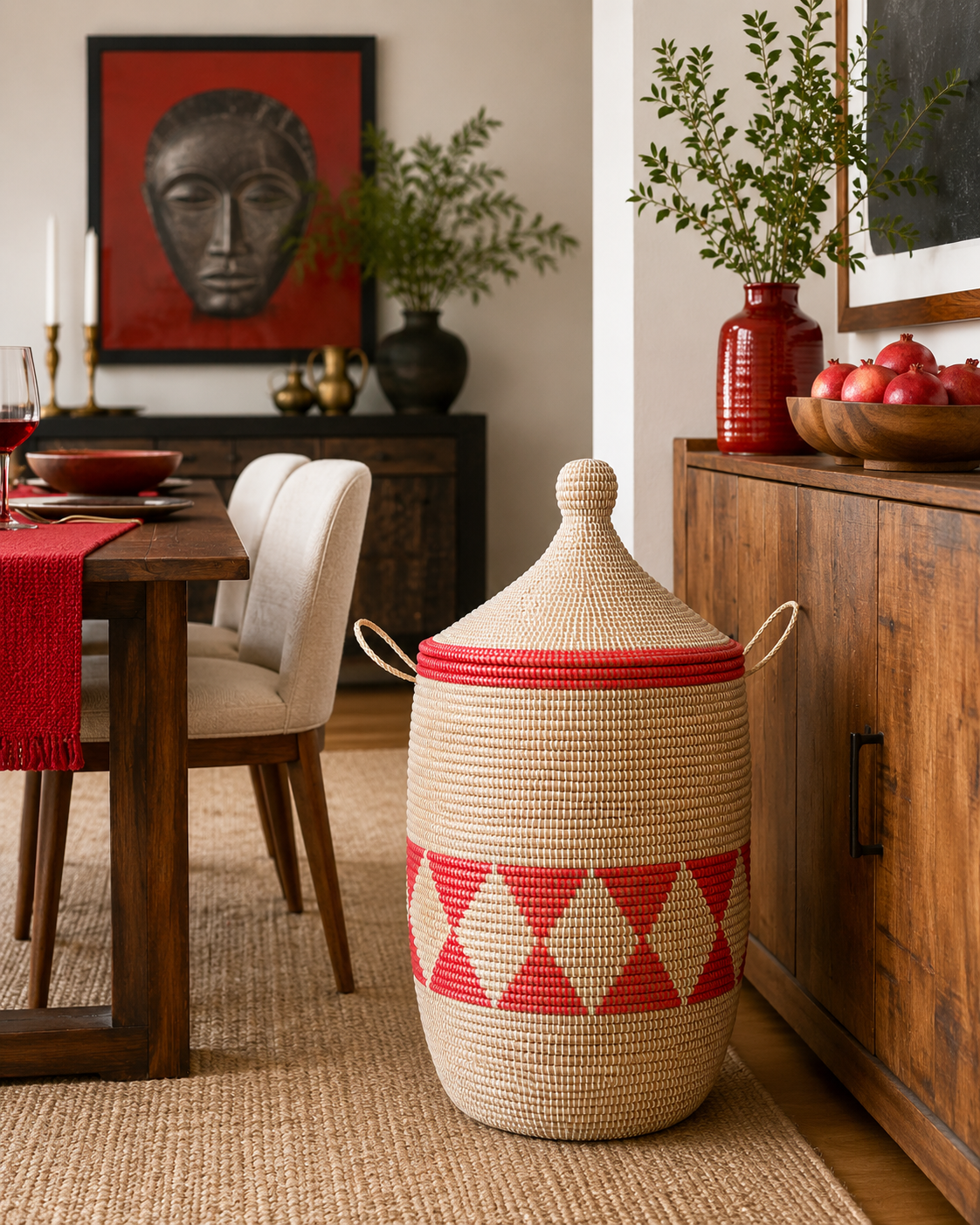 The Nia Handwoven Basket | Natural &amp; Red Lidded Storage Basket — Made in Senegal