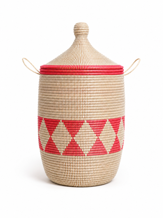 The Nia Handwoven Basket | Natural &amp; Red Lidded Storage Basket — Made in Senegal