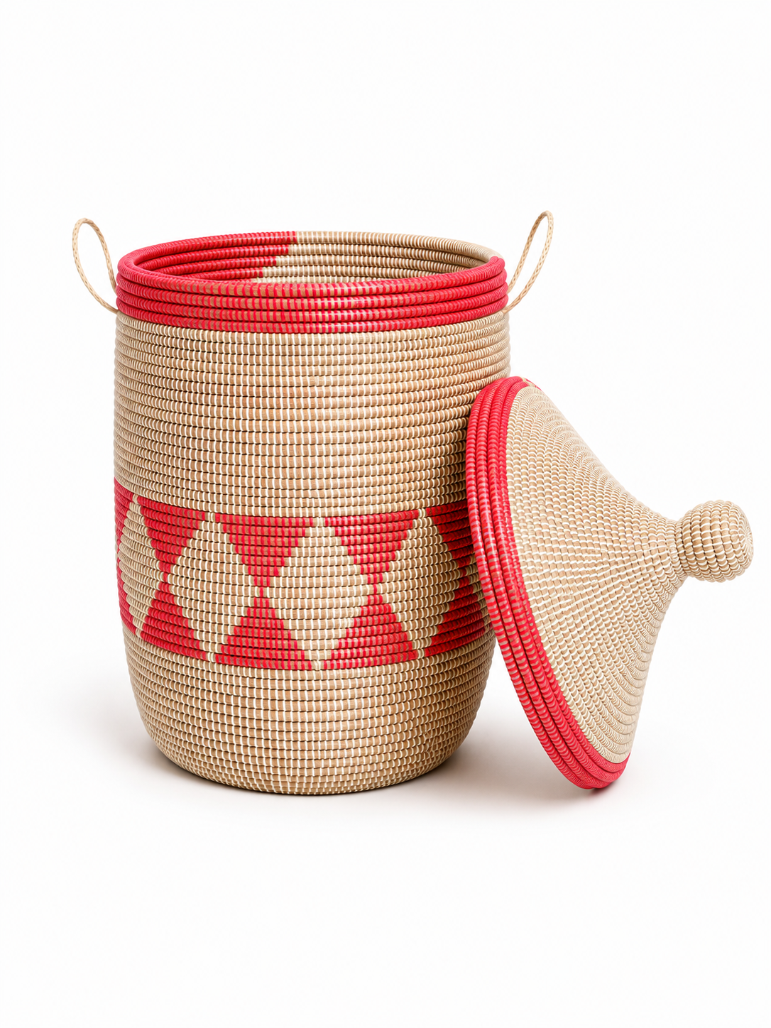 The Nia Handwoven Basket | Natural &amp; Red Lidded Storage Basket — Made in Senegal