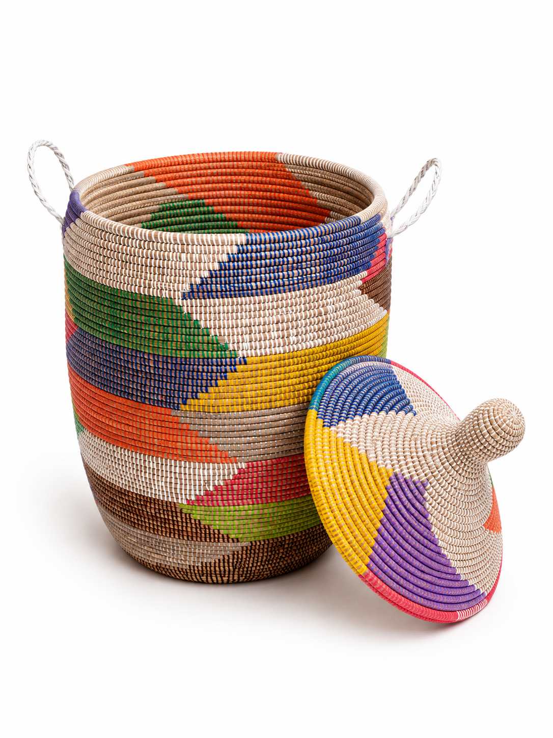 The Kaleidoscope Handwoven Basket | Multicolor Lidded Storage Basket — Made in Senegal