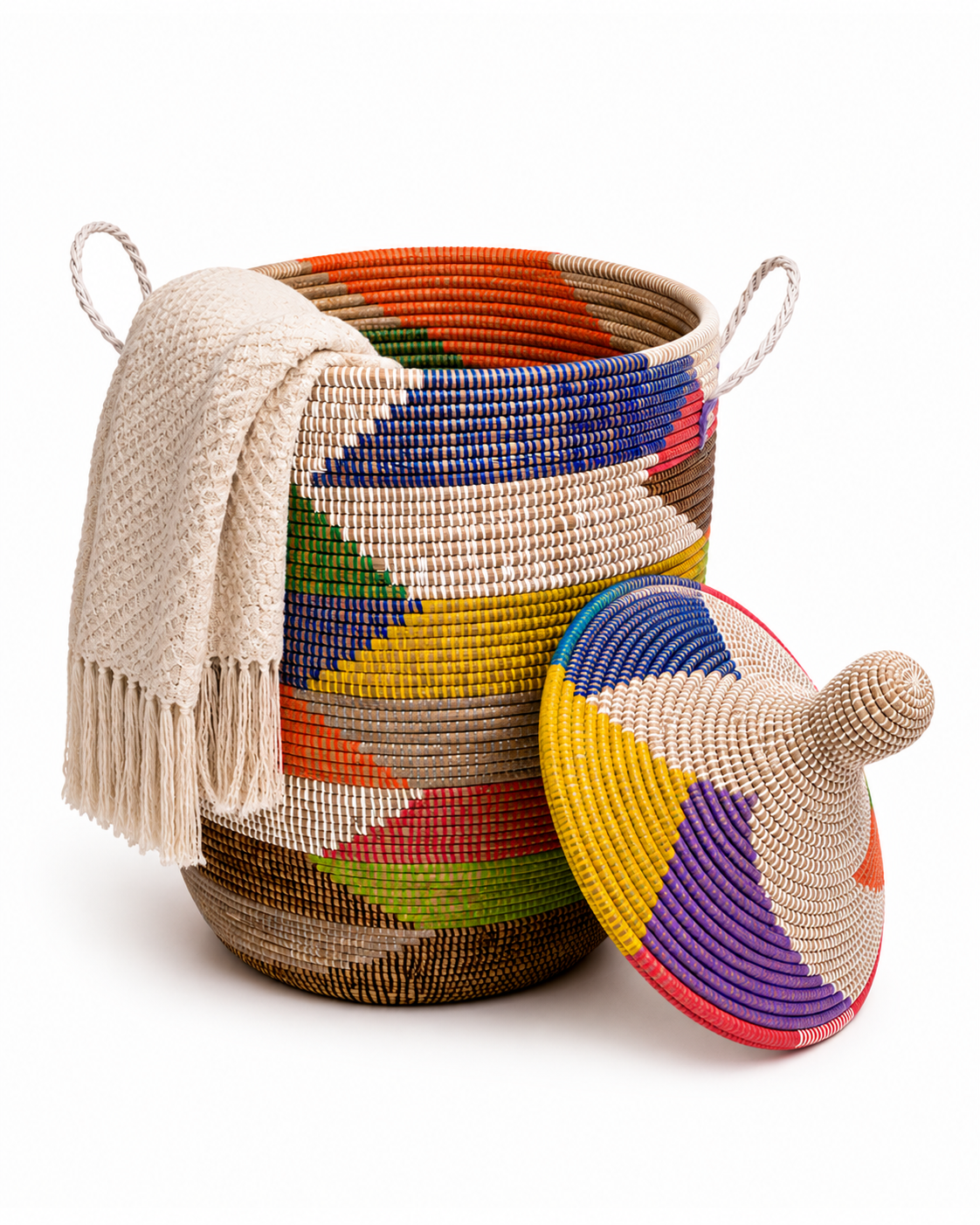 The Kaleidoscope Handwoven Basket | Multicolor Lidded Storage Basket — Made in Senegal