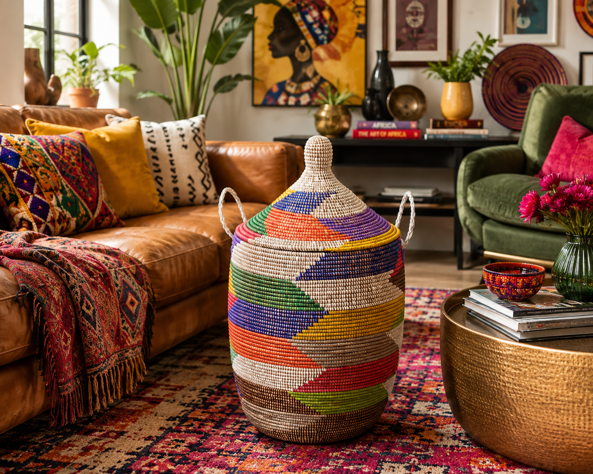 The Kaleidoscope Handwoven Basket | Multicolor Lidded Storage Basket — Made in Senegal
