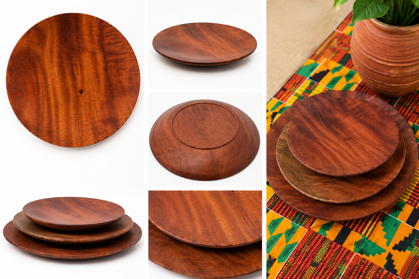 Handcrafted Mahogany Wood Plate Set (Set of 3)