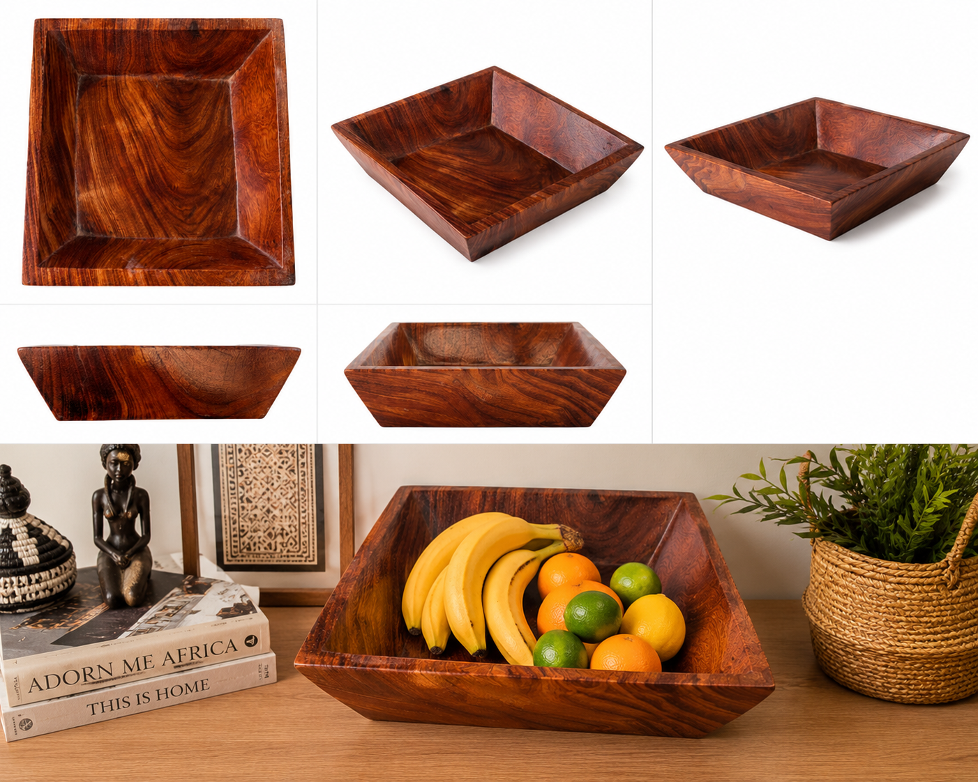 Hand-Carved Mahogany Square Bowl