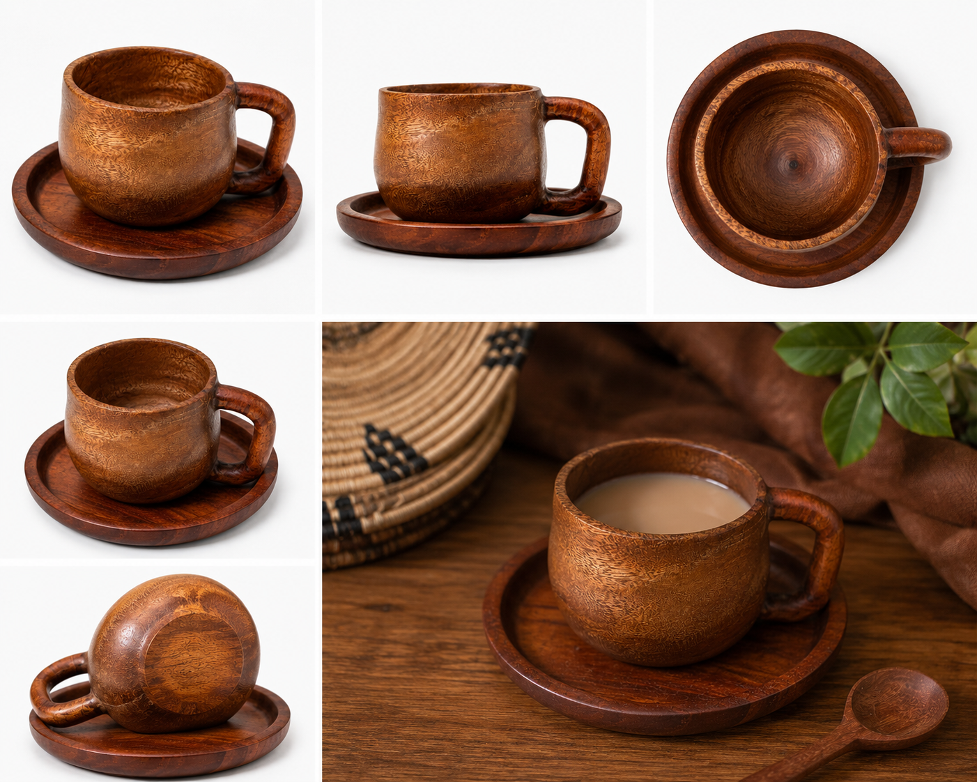 Handcrafted Mahogany Wood Cup & Saucer Set
