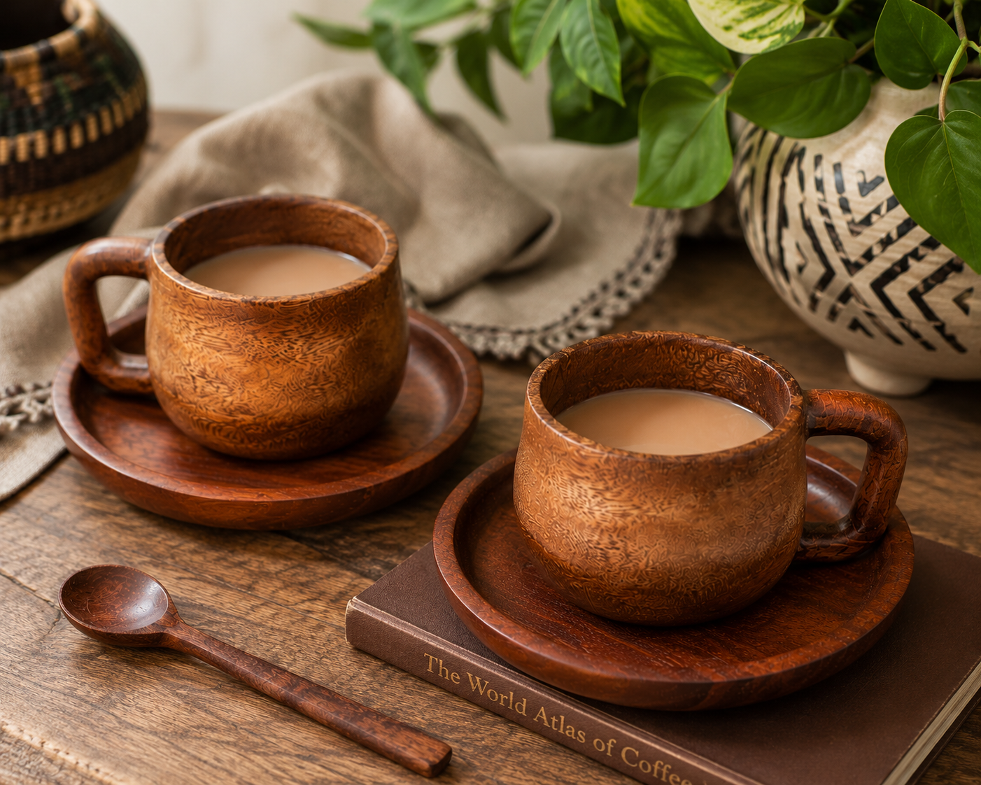 Handcrafted Mahogany Wood Cup & Saucer Set