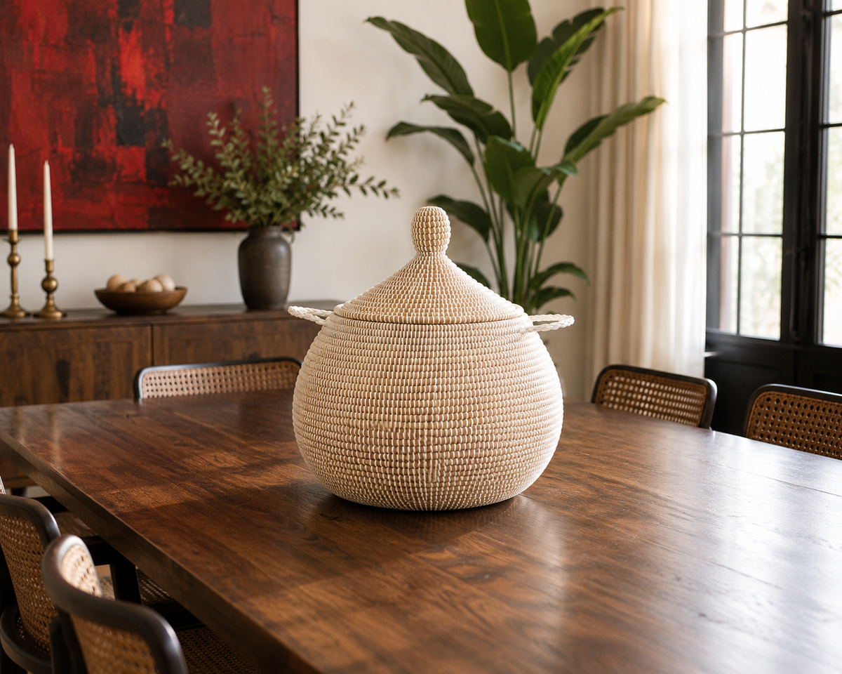 The Sanaa Handwoven Table Basket | Natural Lidded Statement Basket — Made in Senegal