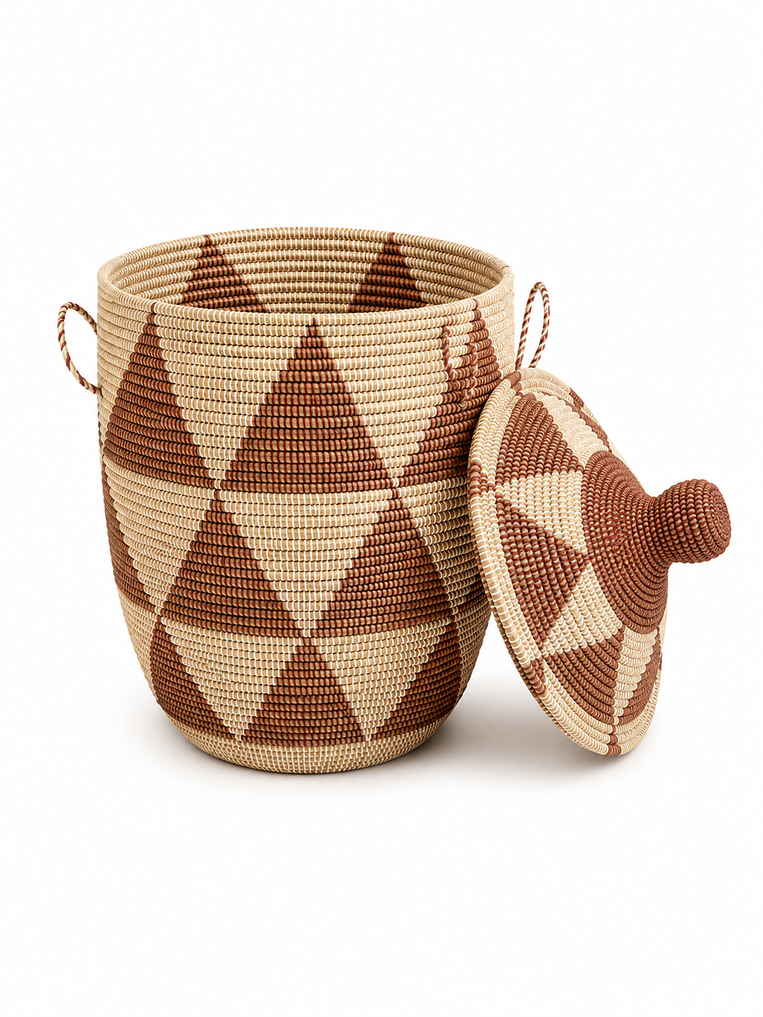 The Zuri Handwoven Storage Basket | Natural & Cocoa Geometric Lidded Basket — Made in Senegal