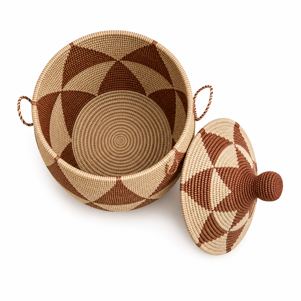 The Zuri Handwoven Storage Basket | Natural & Cocoa Geometric Lidded Basket — Made in Senegal