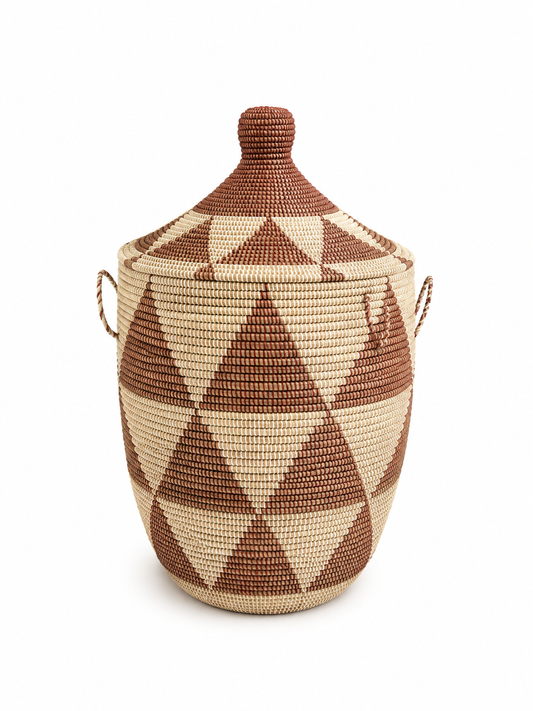 The Zuri Handwoven Storage Basket | Natural & Cocoa Geometric Lidded Basket — Made in Senegal